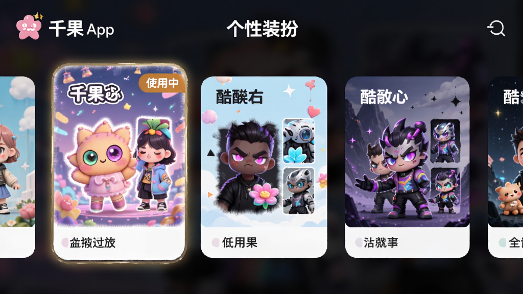 主体:千果App的“个性装扮”界面,展示多种不同风格的主题皮肤。布局:皮肤以横滑卡片形式展示。排版:每个皮肤卡片上显示名称与预览图。风格:多彩,Q萌与酷炫并存。细节:当前使用中的皮肤带有“使用中”标签。画质:干净,无多余元素。