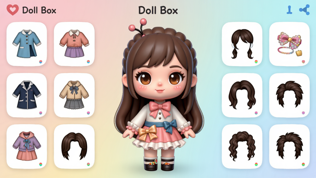 一幅展示Doll box应用主界面的高清数字插画,画面中央站立一个精心装扮的3D玩偶,周围环绕各类服饰、配饰、发型图标,背景为柔和渐变色,整体风格清新可爱,界面布局清晰,细节丰富,画质细腻干净,无多余元素