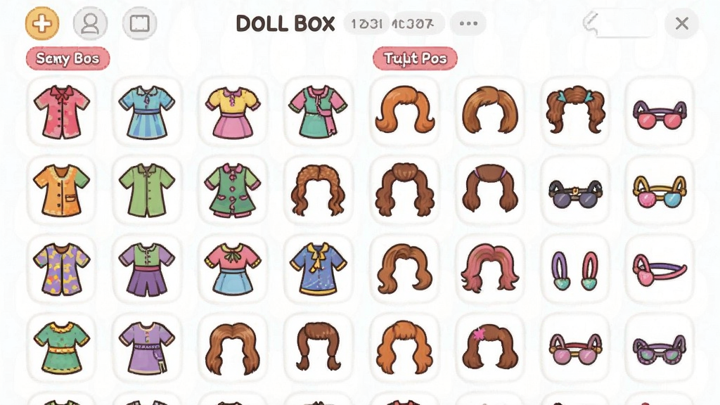 一张展示Doll box装扮素材库的截图风格插画,画面中整齐排列各类服装、发型、配饰图标,色彩缤纷,分类标签清晰,整体布局简洁明了,画质清晰干净,无多余元素