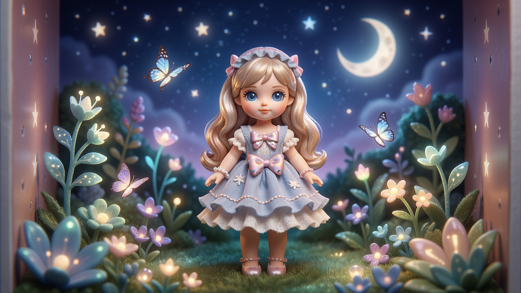 一幅Doll box主题场景展示图,画面中玩偶站在梦幻花园中央,周围有发光的植物和蝴蝶,背景是星空与月亮,整体色调梦幻唯美,画质细腻干净,无多余元素