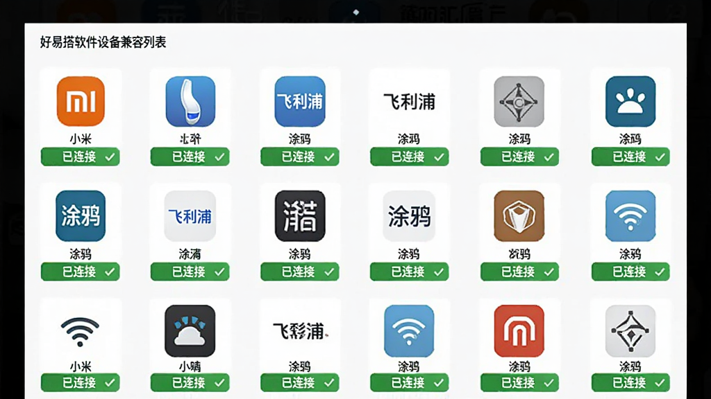 好易搭软件设备兼容列表的截图,界面以列表形式展示多个品牌图标,如“小米”“飞利浦”“涂鸦”,每个图标下方有“已连接”绿色标识,整体排列整齐,背景为白色,画质清晰,无多余元素