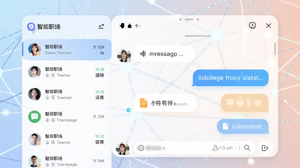展示“智如职场”的聊天界面,左侧是会话列表,右侧是对话窗口,包含语音消息和文件传输气泡,背景是抽象的网络连接线条,风格现代,色彩柔和,画质清晰,干净无多余元素
