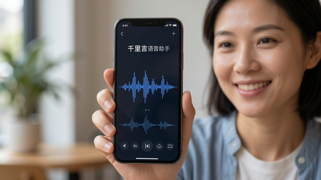 主体:用户手持手机,屏幕显示千里言语音助手运行中。布局:用户为主,手机屏幕特写。排版:居中构图。风格:写实生活场景。细节:屏幕显示语音波形,用户面带微笑。画质:高清,背景虚化。