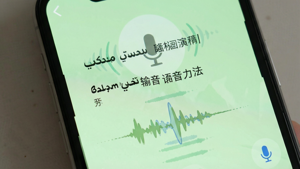 Badam维语输入法语音输入功能演示,手机界面显示麦克风图标和波形动画,背景为浅绿色,语音识别文字实时显示在屏幕上,整体风格清新自然,突出语音输入的便捷性,画质清晰,无多余元素