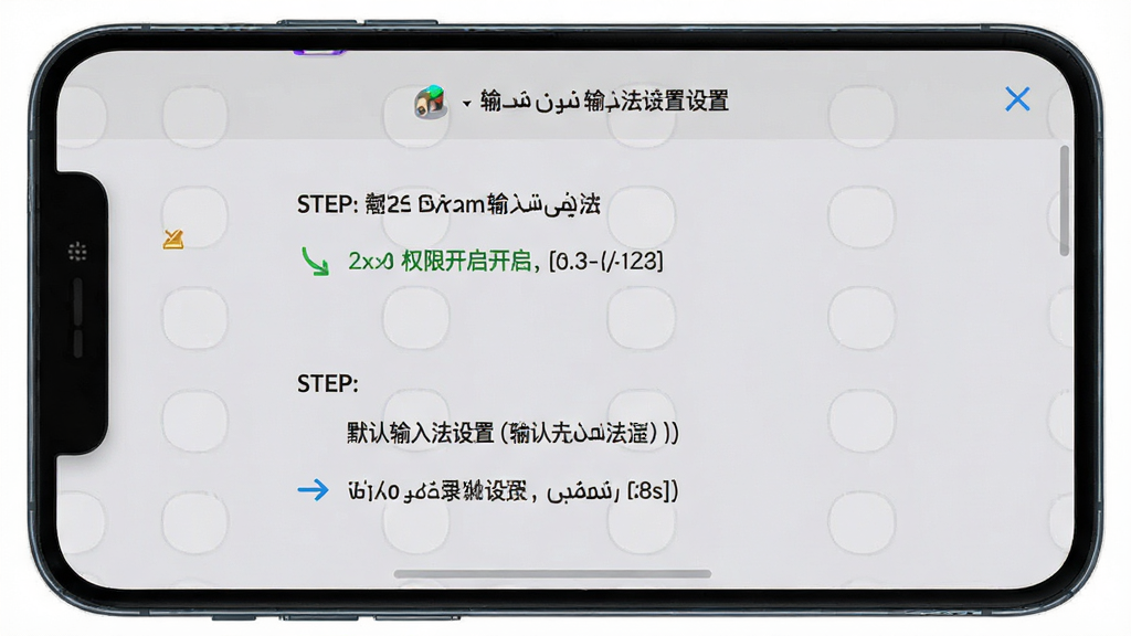 Badam维语输入法设置界面,展示权限开启和默认输入法设置步骤,手机屏幕显示设置菜单,背景为浅灰色,步骤文字清晰,整体风格直观,画质高清,无多余元素