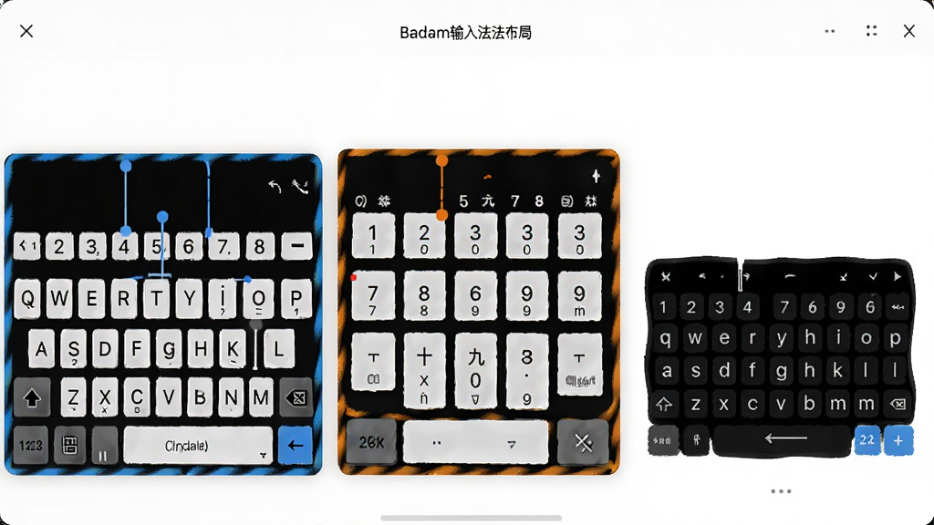 Badam维语输入法键盘布局切换界面,展示三种不同键盘样式排列在屏幕上,包括全键盘、九宫格和悬浮键盘,背景为白色,键盘以彩色边框区分,整体风格简洁直观,画质高清,无多余元素