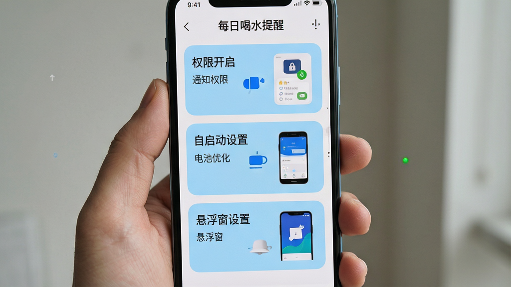 主体:手机屏幕展示“每日喝水提醒”的使用指南界面,包含多个操作提示卡片。布局:屏幕从上到下依次为“权限开启”、“自启动设置”、“悬浮窗设置”三个卡片,每个卡片有简短文字和示例图。排版:卡片采用圆角设计,背景浅蓝色。风格:教育性界面,图文并茂。细节:卡片上分别标有“通知权限”、“电池优化”、“悬浮窗”等关键词。画质:高清,干净无多余元素。