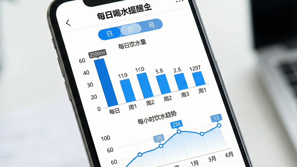 主体:手机屏幕展示“每日喝水提醒”的数据统计报告页面,包含柱状图和折线图。布局:页面顶部为时间切换标签(日/周/月),中部为柱状图展示每日饮水量,底部为折线图展示每小时饮水趋势。排版:图表数据标签清晰,颜色区分明显。风格:商务简洁风,图表颜色为蓝色系,背景白色。细节:柱状图最高柱子上标有“2500ml”,折线图关键点有数字标注。画质:高清,干净无多余元素。
