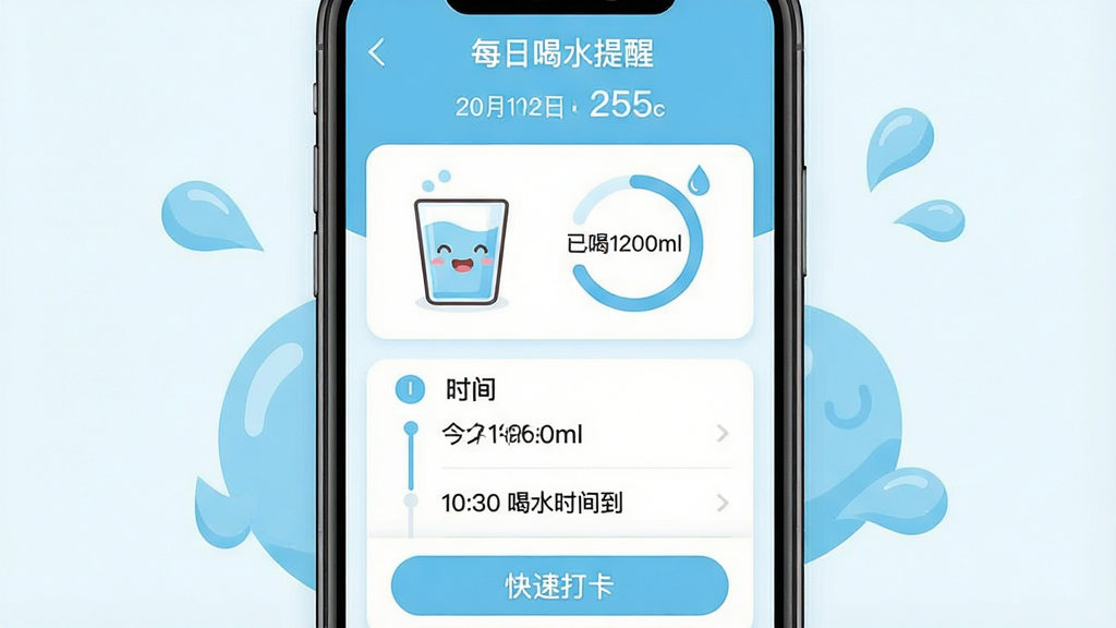 主体:一部智能手机屏幕显示“每日喝水提醒”主界面,界面中有卡通水杯图标和今日饮水进度环。布局:手机居中,屏幕内容清晰可见,周围有柔和的水滴形装饰元素。排版:界面信息分层展示,顶部为日期与饮水量统计,中部为时间轴提醒列表,底部为快捷打卡按钮。风格:扁平化设计,色彩清新明快,主色调为天蓝色与白色。细节:水杯图标带有微笑表情,进度环显示“已喝1200ml”,提醒列表标注“10:30 喝水时间到”。画质:高清细腻,干净无多余元素。
