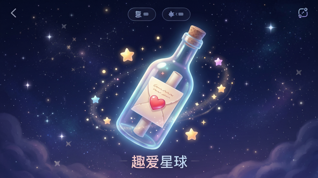 趣爱星球漂流瓶功能界面截图,主体为一个发光的漂流瓶漂浮在星空背景中,瓶中有信纸和爱心图标,周围有星星和光点装饰,界面布局居中,风格梦幻唯美,细节丰富,画质细腻,干净无多余元素,图片中文字标注“趣爱星球”