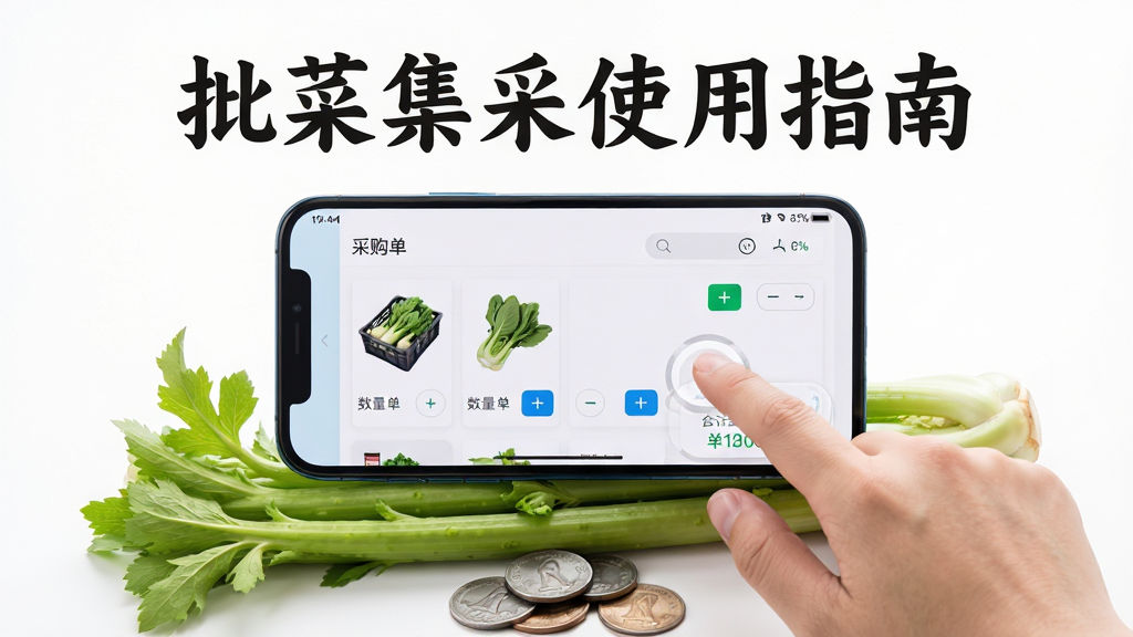 主体为一部智能手机横屏展示批菜集采操作界面,屏幕显示“采购单”页面,包含商品图片、数量加减按钮与合计金额,手机下方放着一把新鲜芹菜与一叠零钱;布局为手机居中,周围留白,顶部用艺术字写“批菜集采使用指南”;风格为清新摄影风,细节体现操作手势,画质干净,无多余元素。