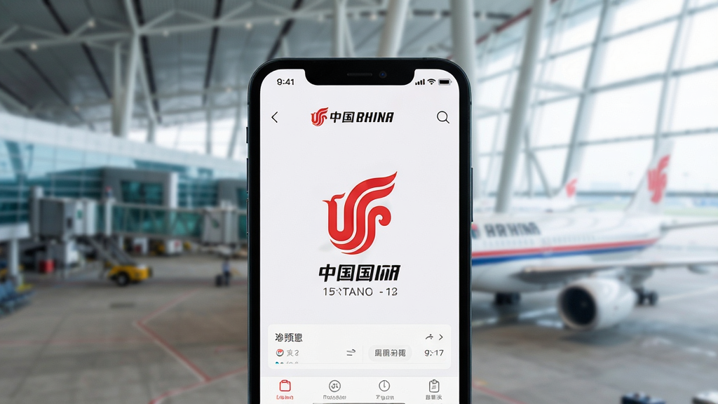 一张展示智能手机屏幕的特写,屏幕内是“中国国航”APP的主界面,界面风格清爽简洁,以中国国航经典的红色元素点缀,背景是虚化的机场航站楼和待飞的国航飞机,整体画面通透,突显科技感与专业服务氛围,画质干净,无多余元素。