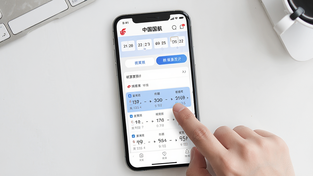 一张手机APP操作界面的俯视图,屏幕显示“中国国航”APP的机票预订页面,有清晰的日期选择和航班列表,手指正点击一个航班,界面高亮显示,背景为干净整洁的桌面,画质清晰,风格写实,无多余元素。
