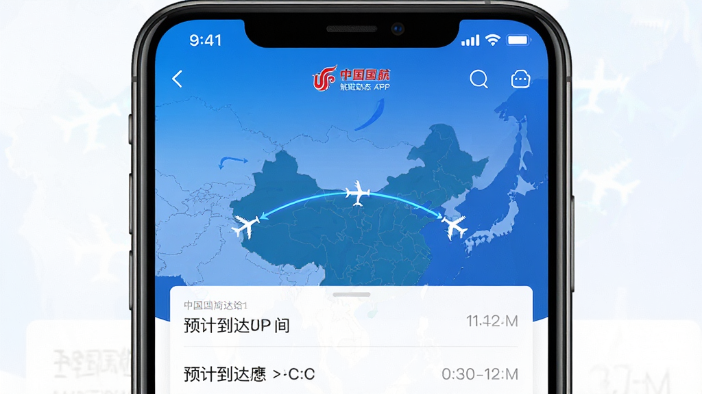 一张手机APP界面截图,展示“中国国航”APP的航班动态查询结果,界面以地图形式展现飞机航线轨迹,并显示预计到达时间,背景是简洁的蓝色渐变,科技感十足,画质干净,无多余元素。