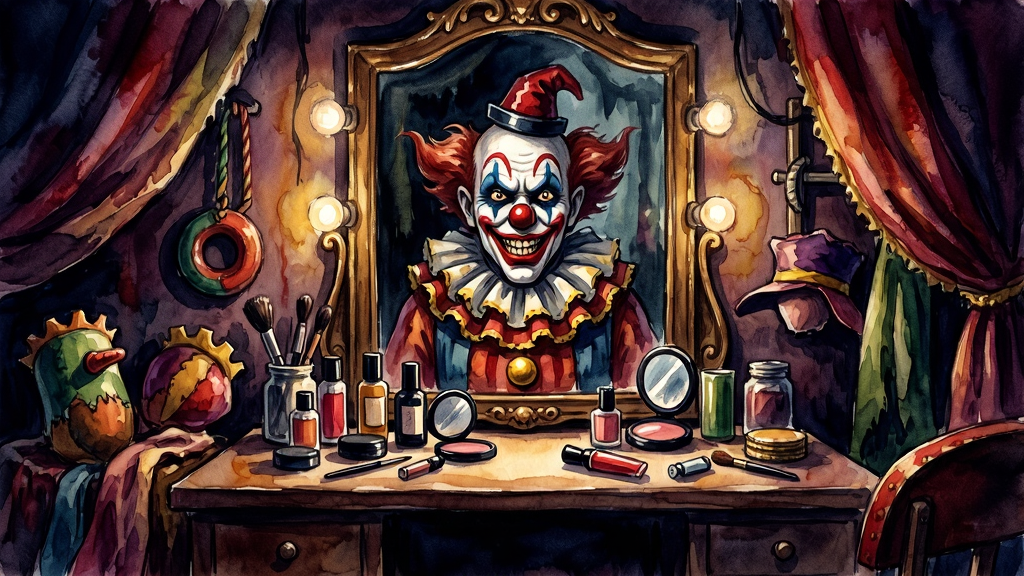 主体:《Welcome to The Circus 2》游戏艺术风格展示,一个马戏团后台化妆间的场景。布局:梳妆台居中,镜子中映出诡异的小丑倒影,周围散落着道具。排版:近景特写,突出细节。风格:水彩手绘,色彩浓郁,光影交错,带有哥特式的华丽与阴暗。细节:镜面反射、化妆品瓶罐、布料褶皱都要精细呈现。画质:超清,干净,无多余元素。