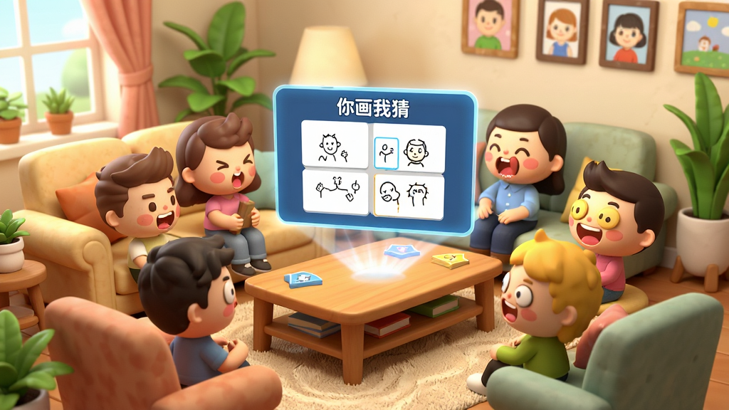主体:一个虚拟客厅中,多个卡通角色围坐在茶几旁,茶几上显示着“你画我猜”的游戏画面;布局:客厅背景温馨,沙发和地毯细节丰富,游戏界面悬浮在茶几上方;排版:角色分布错落有致,游戏界面清晰可见;风格:温馨可爱的卡通风格;细节:角色表情夸张有趣,游戏画板上有简笔画图案,房间内有绿植和相框装饰;画质:高清,画面明亮,无多余元素。