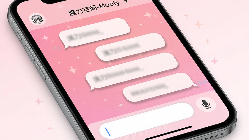 主体:一个手机屏幕特写,显示“魔力空间-Mooly”的聊天界面,背景是粉色渐变;布局:屏幕上方有“设置”图标,中间是聊天消息气泡,底部是输入框和麦克风图标;排版:界面简洁,消息排列整齐;风格:时尚清新,符合年轻用户审美;细节:消息气泡有阴影,输入框有圆角,背景有淡淡的星光装饰;画质:高清,画面干净无多余元素。