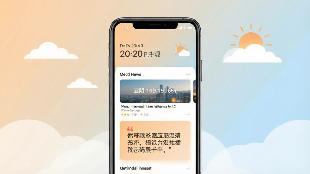 一幅现代扁平化风格的手机应用宣传主视觉图,画面中央是一部亮屏的智能手机,屏幕内展示宜序晨话的主界面,上方显示日期与天气图标,中部为精选新闻卡片与一句温暖的励志语录,整体布局清爽有序,背景采用柔和的晨曦渐变色调,从淡橙过渡到浅蓝,点缀几朵简约云朵和初升太阳,画质干净,无多余元素