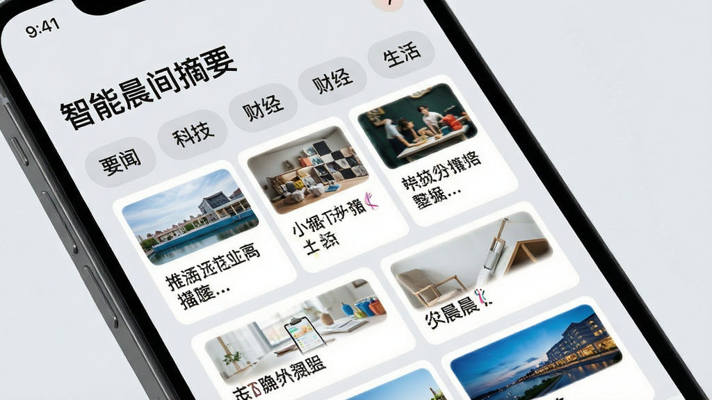 手机屏幕特写,屏幕显示宜序晨话的“智能晨间摘要”功能页面,从上到下依次排列着分类标签(要闻、科技、财经、生活),每类下方有3-4张简洁的新闻卡片,卡片上带有标题和缩略图,背景为浅灰色,整体风格干净明亮,突出信息层级与秩序感,画质清晰,无多余元素
