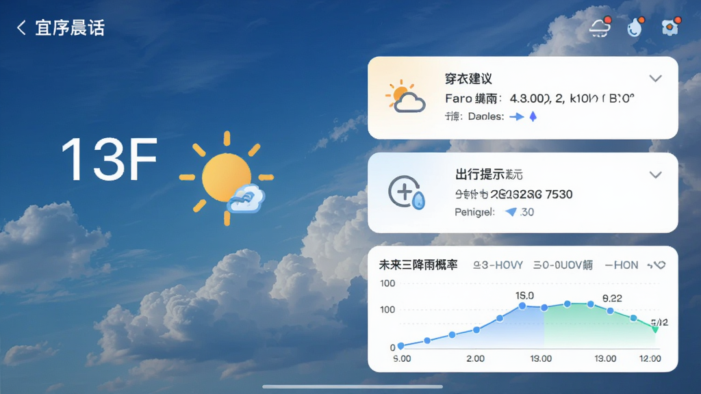 宜序晨话应用界面,展示天气功能模块,背景为动态天气壁纸,左侧显示当前温度与天气图标(如晴天),右侧为穿衣建议和出行提示卡片,底部有未来三小时降雨概率图表,整体设计风格简约,色彩清新,信息一目了然,画质细腻,无多余元素