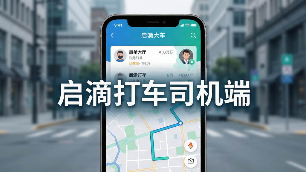 主体:启滴打车司机端APP界面展示,手机屏幕显示接单大厅与地图导航页面,画面中央有“启滴打车司机端”字样;布局:手机居中,屏幕内容清晰可辨,背景为简约城市街道模糊效果;排版:手机屏幕占画面主体,文字标识醒目;风格:现代科技感,蓝绿色调搭配;细节:屏幕中可见订单卡片、司机头像、路线轨迹;画质:高清渲染,干净,无多余元素