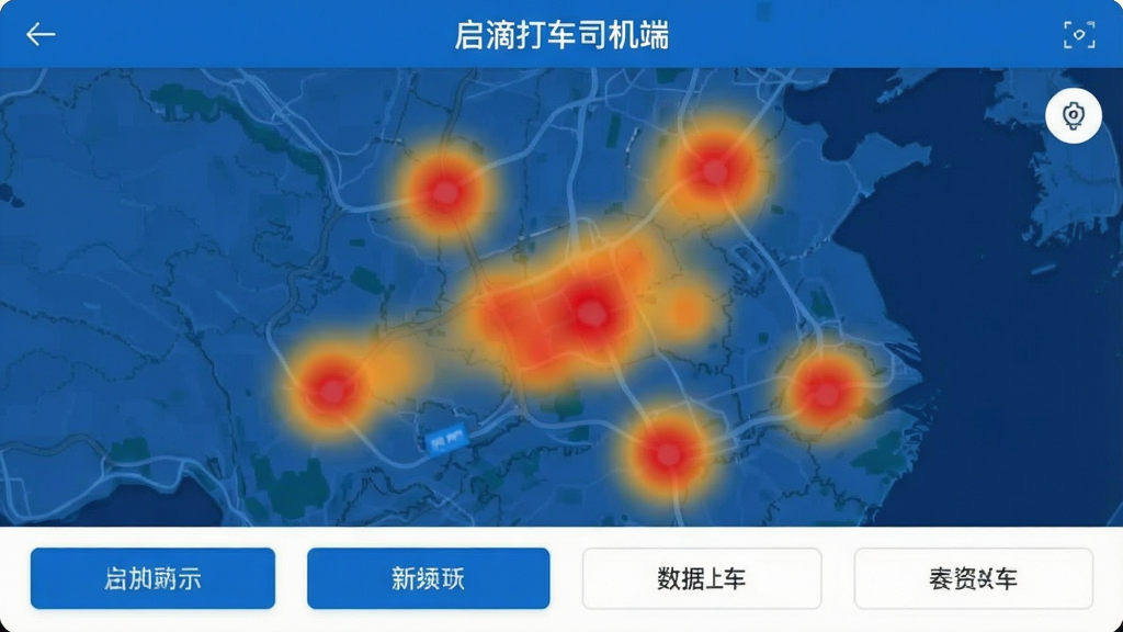 主体:启滴打车司机端热力图界面截图,地图上显示红色与橙色高亮区域,代表订单热度;布局:地图占据画面大部分,下方有功能按钮;排版:地图与数据标签清晰;风格:简洁实用,科技蓝主色调;细节:显示“启滴打车司机端”顶部标识,热力区域颜色渐变;画质:清晰,干净,无多余元素
