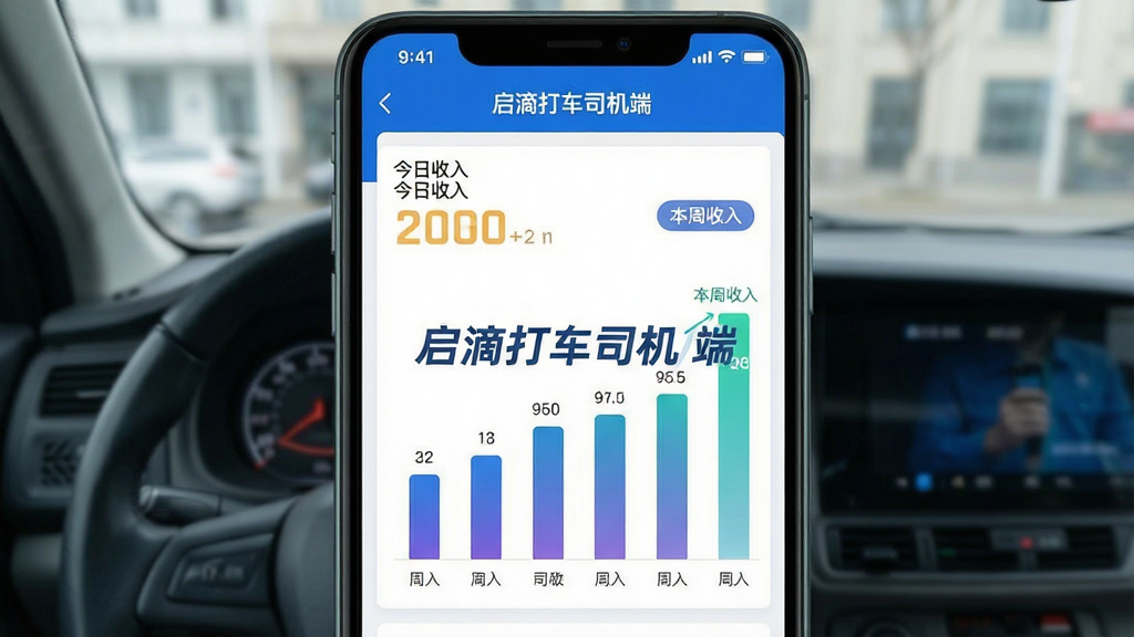 主体:启滴打车司机端收入统计页面,柱状图展示每日收入变化,屏幕中央显示“启滴打车司机端”标识;布局:图表清晰,数据标签完整;排版:简洁大方,数字醒目;风格:商务数据风格,蓝白配色;细节:有“今日收入”“本周收入”文字标签,柱状图颜色渐变;画质:干净,无多余元素