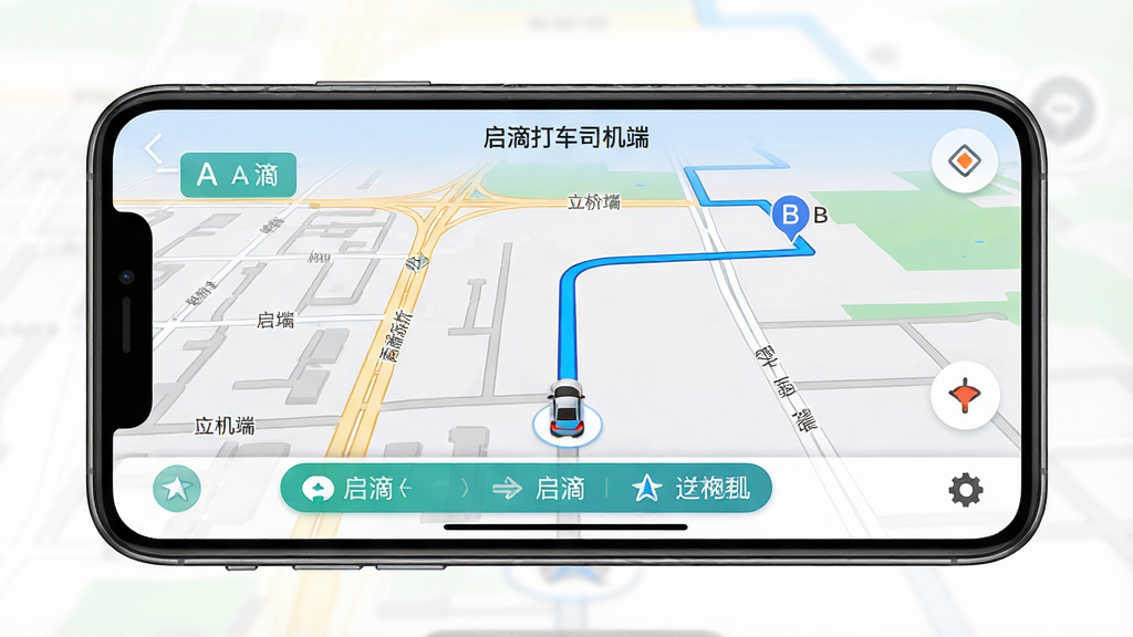 主体:启滴打车司机端导航界面,显示从A点到B点的路线规划,屏幕上有“启滴打车司机端”字样;布局:手机横屏展示导航地图,路线清晰;排版:地图为主,底部有导航提示条;风格:真实导航风格,白天模式;细节:路线为蓝色,道路名称可见,车辆图标沿路线移动;画质:高分辨率,干净,无多余元素