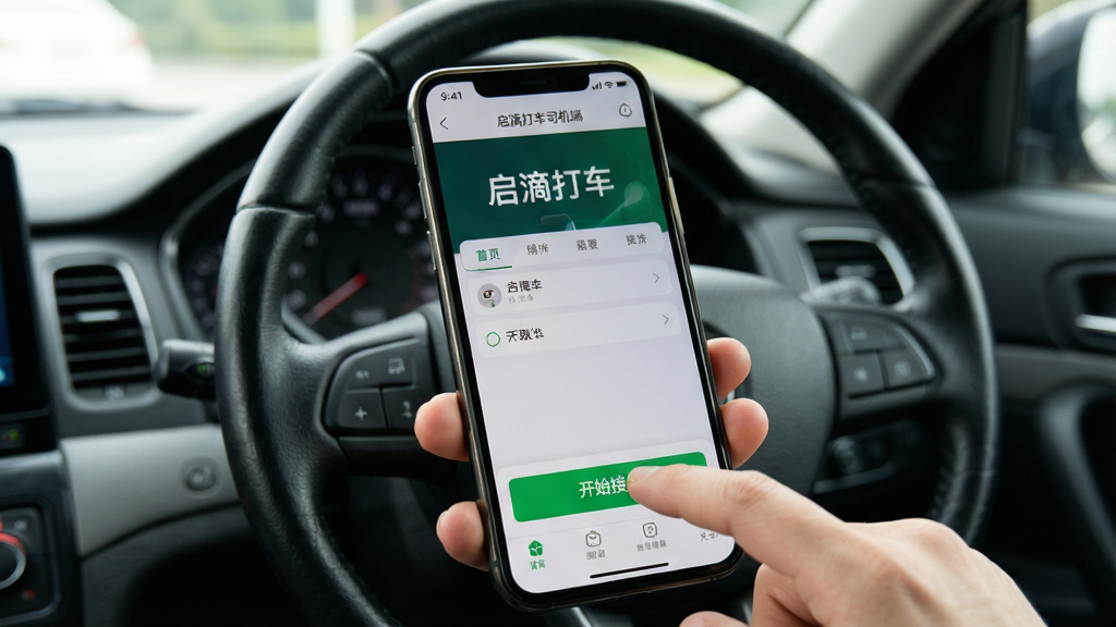 主体:手机屏幕显示启滴打车司机端操作界面,手指点击“开始接单”按钮;布局:手机持握特写,背景为驾驶室;排版:手机屏幕清晰显示APP界面;风格:实拍风格,自然光线;细节:屏幕上有“启滴打车司机端”字样,按钮高亮;画质:高清,干净,无多余元素