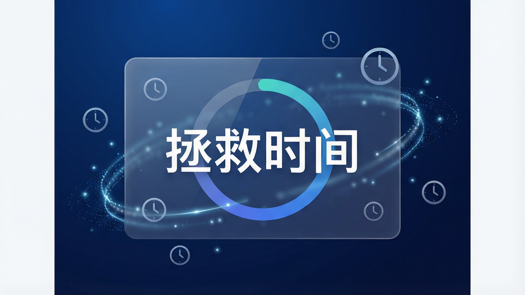 一张现代简约风格的手机应用界面预览图,背景为深蓝色渐变,中央悬浮着一块半透明的玻璃质感卡片,卡片上显示环形统计图表与“拯救时间”四个白色大字,四周点缀着细小的时钟图标与流动的光线粒子,整体风格科技感十足,画质干净无多余元素