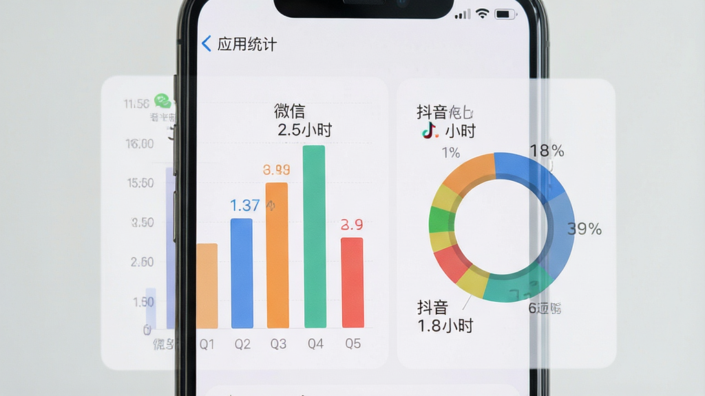 手机屏幕展示拯救时间的应用统计页面,主体为彩色柱状图与环形占比图,图表旁标注“微信 2.5小时”、“抖音 1.8小时”等字样,背景为浅灰色,整体布局清晰,数据可视化风格,画质干净无多余元素
