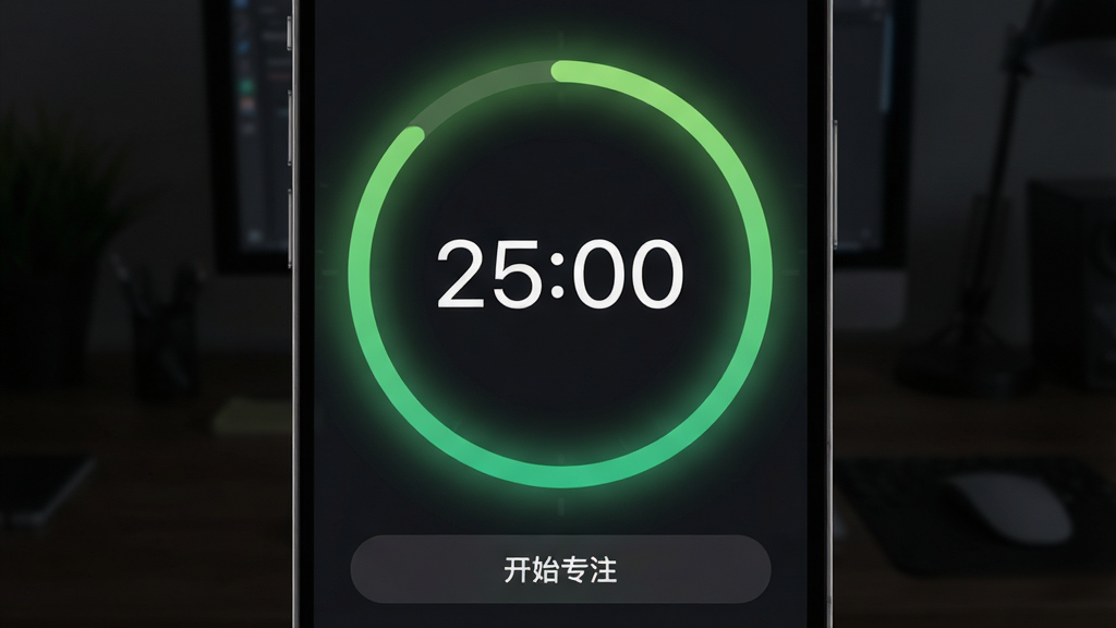 拯救时间软件在手机上的专注计时界面,主体为一个大大的圆形倒计时环,数字“25:00”居中显示,周围有绿色渐变光晕,背景为暗色模糊的桌面,底部有“开始专注”按钮,整体风格简洁现代,画质干净无多余元素