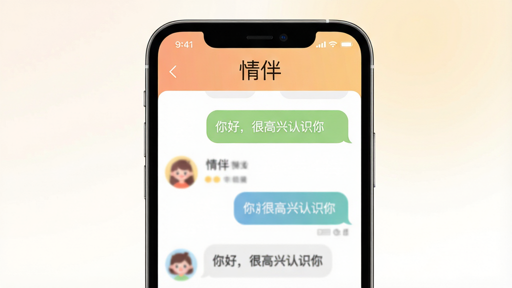 主体:情伴软件界面展示,手机屏幕中显示聊天窗口和好友列表,背景为柔和的渐变色。布局:手机居中,屏幕内容清晰可见,周围留白。排版:手机竖向放置,屏幕上方显示“情伴”二字,下方为对话气泡。风格:扁平化设计,色彩温暖,明亮通透。细节:气泡内文字为“你好,很高兴认识你”,头像为模糊的卡通形象。画质:高清,干净,无多余元素。