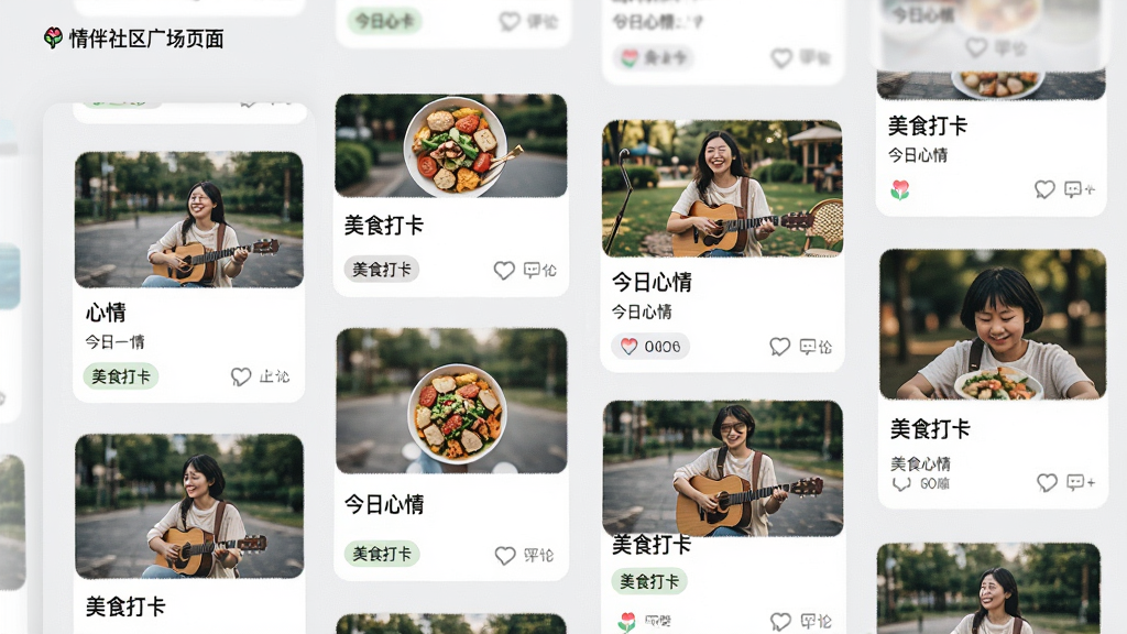 主体:情伴社区广场页面,瀑布流展示用户动态卡片。布局:卡片错落有致,背景为浅灰色。排版:每张卡片包含图片、文字和点赞评论图标。风格:清新自然,信息流式。细节:卡片内容有“今日心情”“美食打卡”等标签。画质:高清,干净,无多余元素。