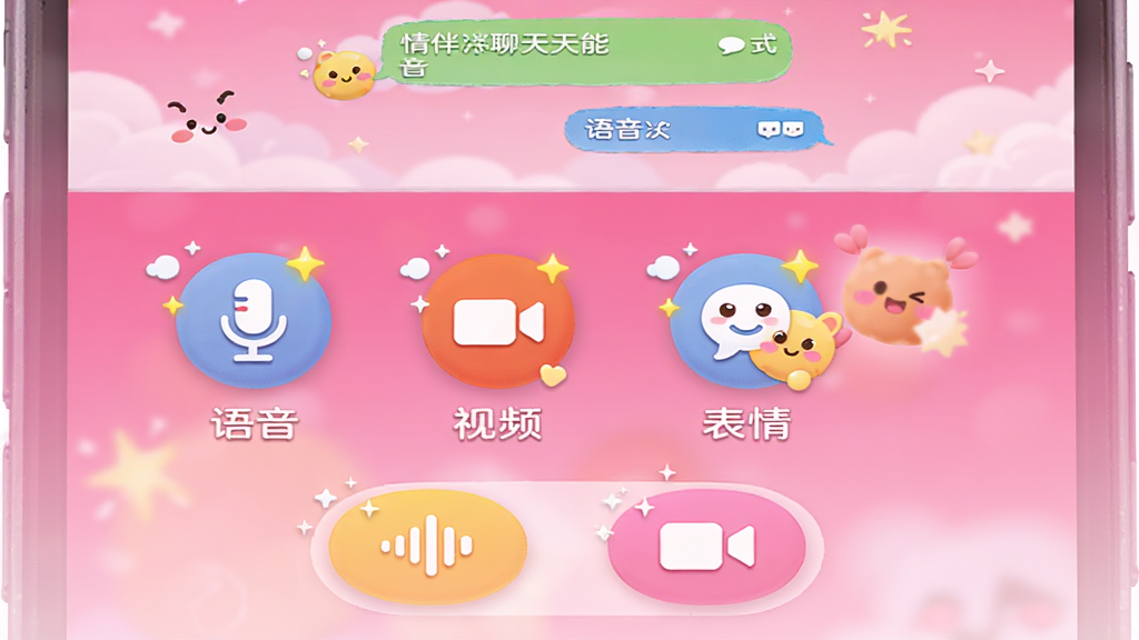主体:情伴聊天功能界面,屏幕下方为语音和视频按钮,上方为聊天背景预览。布局:功能图标横向排列,背景为粉色渐变。排版:图标下方标注“语音”“视频”“表情”。风格:可爱活泼,色彩丰富。细节:图标为圆形,带有小光点装饰。画质:高清,干净,无多余元素。