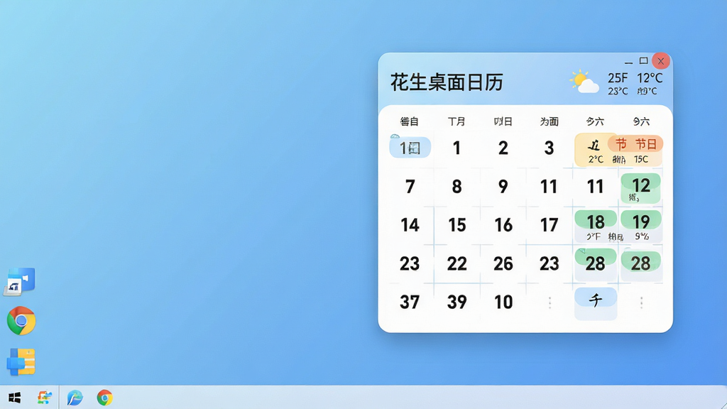 主体:花生桌面日历软件在电脑桌面上的运行效果,桌面背景为简约的渐变蓝色,日历小组件悬浮于屏幕中央偏右位置,组件采用圆角矩形设计,表面显示当前月份日期网格、农历信息与节气标注,顶部有“花生桌面日历”字样,旁边有当日天气图标与温度,整体风格清新。布局:日历组件居中偏右,周围留白,桌面底部有简洁的任务栏,左侧有几个常用软件图标。排版:组件信息层级分明,日期数字大而清晰,节日和日程使用小标签彩色标注。风格:扁平化设计,色彩柔和,搭配浅蓝与白色主色调,细节精致。画质:高清,干净,无多余元素。
