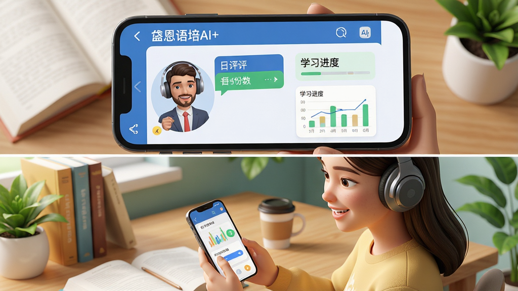 一幅展示现代年轻人使用智能手机学习英语的温馨场景,手机屏幕中显示“岱恩语培AI+”的交互界面,界面清晰可见AI虚拟外教对话、口语评测分数、学习进度图表等元素。主体是一位坐在书桌前的年轻女性,她戴着耳机,面带微笑,正对着手机专注地朗读英语。布局上以手机屏幕特写为视觉中心,周围点缀书本、咖啡杯和绿色植物,营造出轻松高效的学习氛围。排版采用上下构图,上方为手机界面展示,下方为人物场景。风格为写实3D渲染,色彩明亮清新,细节丰富,画质高清,画面干净无多余元素。