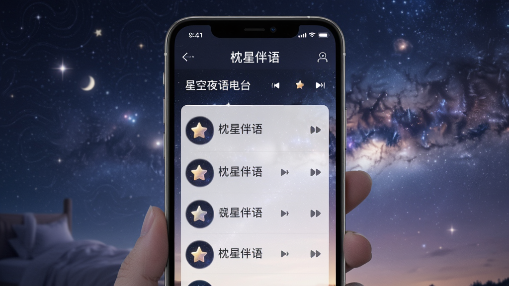 展示枕星伴语应用内“星空夜语电台”界面的图片,手机屏幕上有音频播放列表,背景是浩瀚星空,每一条音频都配有星星图标,界面简洁美观,文字“枕星伴语”出现在屏幕顶部,整体风格柔和治愈,画质清晰干净