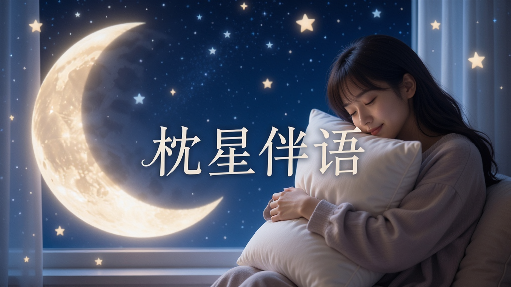 一张以深蓝色星空为背景的图片,前景是柔和发光的月亮和星星,一位年轻女性抱着枕头安静地坐在窗边,画面温馨宁静,整体风格唯美治愈,文字“枕星伴语”以优雅的字体显示在画面中央,画质高清干净,无多余元素