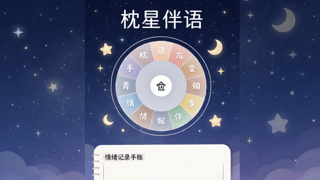 一张展示枕星伴语“情绪记录手账”功能的图片,界面以星空为背景,中间有一个圆形的情绪选择轮盘,周围有星星和月亮装饰,下方有手账输入区域,整体风格清新简约,文字“枕星伴语”出现在界面顶部,画质干净细腻