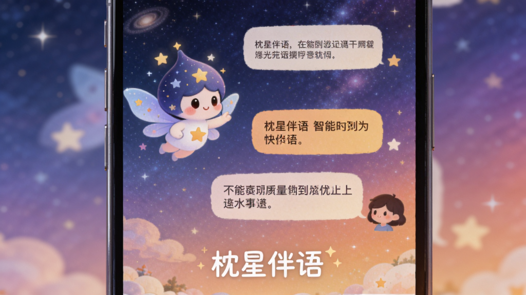 展示枕星伴语智能助手对话界面的图片,手机屏幕中一位卡通星空精灵正在与用户聊天,对话框内显示温暖的文字,背景为渐变星空,整体设计充满童话感,文字“枕星伴语”出现在屏幕下方,画质高清干净
