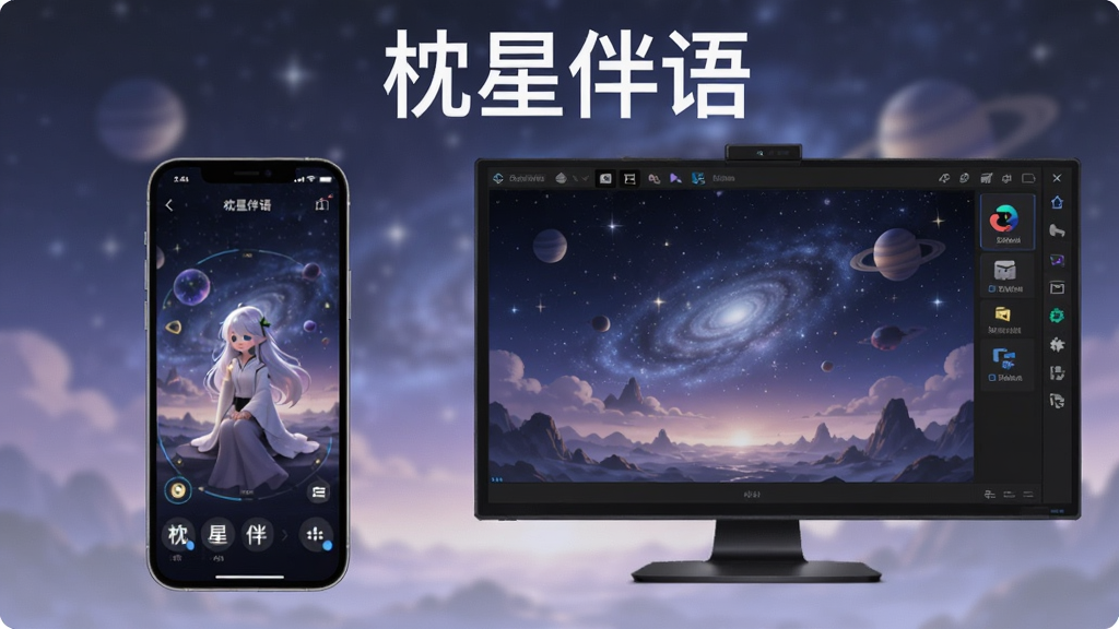 一张展示枕星伴语在手机和电脑模拟器上运行的对比图,左侧为手机界面,右侧为电脑模拟器界面,背景为星空,整体风格科技感,文字“枕星伴语”出现在图片上方,画质清晰