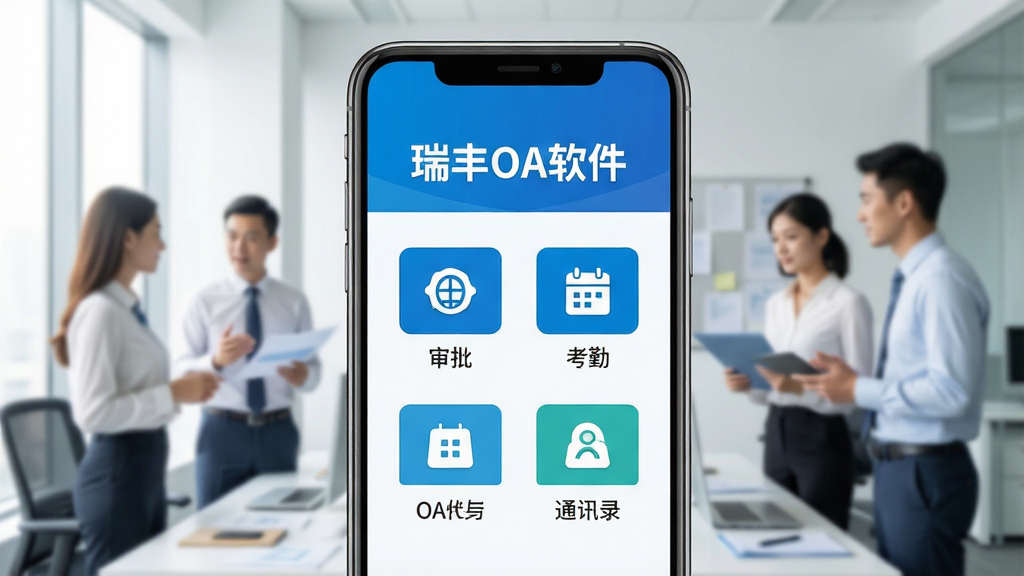 主视觉展示图,画面中央是智能手机屏幕,屏幕上清晰显示“瑞丰OA软件”主界面,界面以蓝色和白色为主色调,布局清晰展示审批、考勤、通讯录等图标。背景是虚化的现代办公环境,有职员在讨论工作。整体风格简洁明亮,商务科技感,排版上突出手机屏幕主体,画质高清,干净,无多余元素