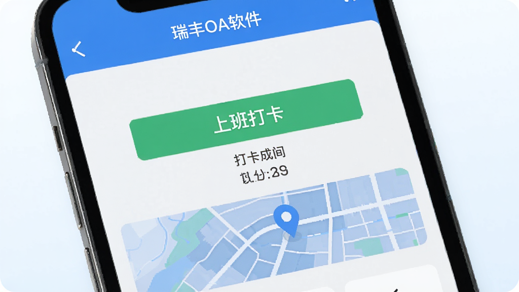 展示考勤打卡功能的界面预览图,画面以手机界面为主体,显示“瑞丰OA软件”的打卡成功页面,有“上班打卡”绿色按钮和打卡时间记录,背景地图显示定位位置。界面风格简洁现代,主色调为蓝色,背景为浅白渐变,整体明亮清晰,画质高,干净,无多余元素