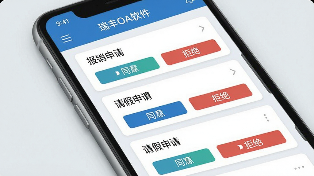 展示智能审批功能的界面截图预览图,画面以手机界面为主体,显示“瑞丰OA软件”的审批列表,列表项包含“报销申请”、“请假申请”等卡片,卡片上有“同意”和“拒绝”按钮。界面设计扁平化,蓝白配色,背景为浅灰色,整体布局整洁,风格简约商务,画质清晰,干净,无多余元素