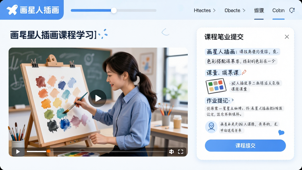 主体:画星人插画课程学习页面,展示一节关于色彩搭配的课程。布局:左侧是教学视频窗口,右侧是课程笔记和作业提交区域。排版:清晰规整,顶部有课程进度条和章节导航。风格:清新教育风,色调以蓝白为主。细节:视频中老师在示范调色,笔记区有文字标注,界面带有“画星人插画”logo。画质:高清,干净,无多余元素。