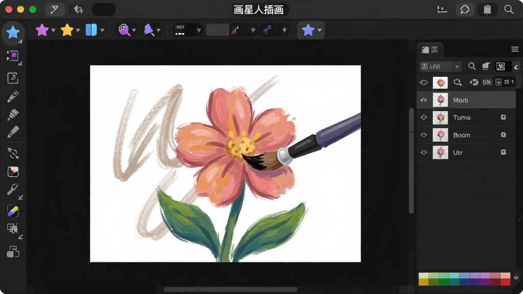 主体:画星人插画内置绘画工具界面,画布上有一幅未完成的插画作品。布局:画布居中,四周环绕工具栏、图层面板和颜色选择器。排版:工具图标排列整齐,画布显示绘画笔触。风格:专业绘画软件风格,深色界面搭配彩色图标。细节:画面中画笔正在绘制一朵花,图层面板显示多个图层,顶部标注“画星人插画”。画质:高清,无多余元素。