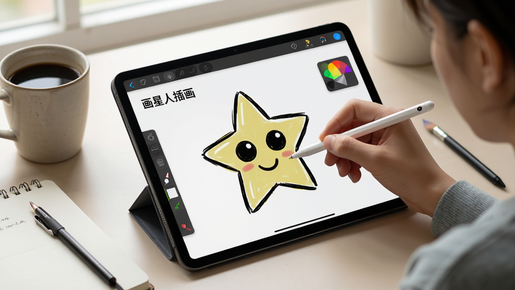 主体:画星人插画使用场景,用户正在平板电脑上绘画。布局:平板电脑斜放,屏幕上显示绘画界面,用户手拿触控笔在绘制。排版:平板电脑居中,周围有咖啡杯和笔记本。风格:写实生活风,光线柔和。细节:画面中屏幕显示“画星人插画”界面,有画笔和调色板图标。画质:高清,无多余元素。
