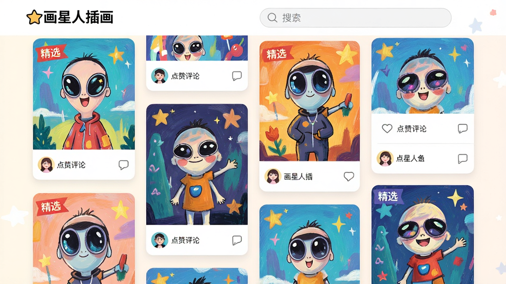 主体:画星人插画社区页面,展示用户作品瀑布流。布局:多张画作以卡片形式错落排列,底部有点赞评论按钮。排版:瀑布流布局,每张卡片显示作品缩略图和作者头像。风格:活泼明快,背景为浅色,突出画作色彩。细节:部分作品带有“精选”标签,顶部有“画星人插画”字样和搜索框。画质:高清,干净,无多余元素。