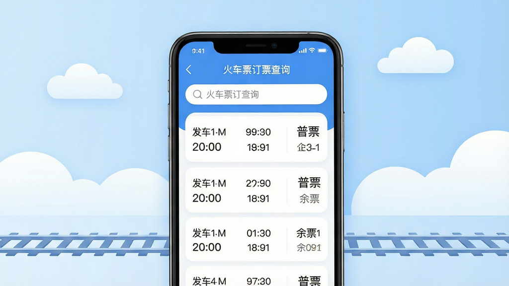 主体为一部亮屏的智能手机,屏幕中显示“火车票订票查询”App界面,界面顶部为搜索栏,下方列表展示多趟高铁和普速列车车次信息,包含发车时间、到达时间、余票数量。布局采用居中构图,手机位于画面中央,背景为柔和的浅蓝色渐变搭配简洁的白色云朵与铁路轨道线条。排版风格扁平化,UI元素清晰圆润,整体色调以蓝白为主,突出科技感与清爽感。画质高清,细节丰富,无多余元素。